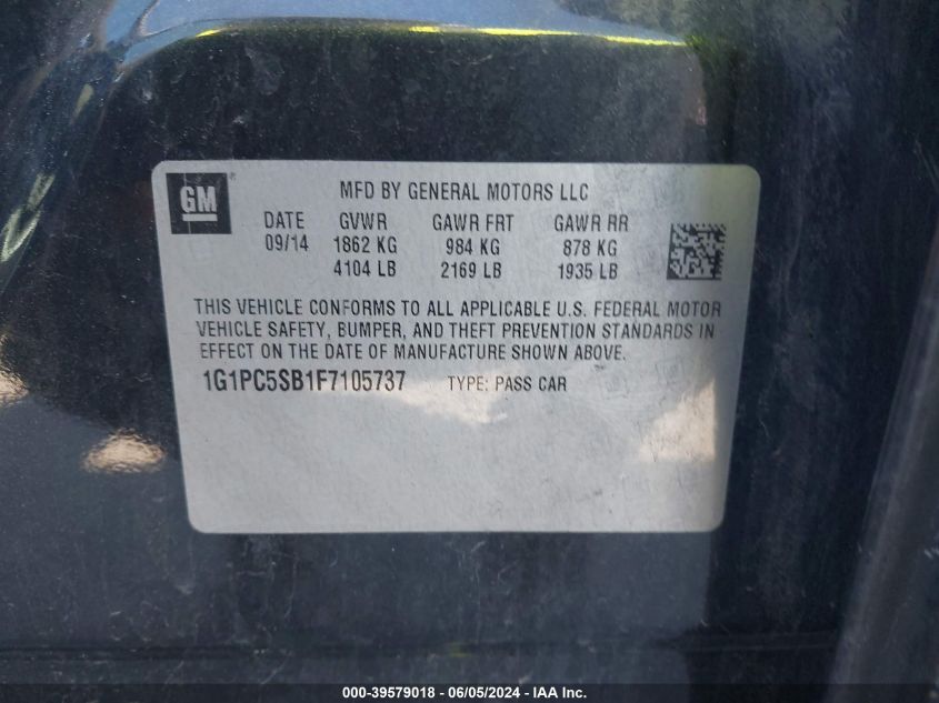 2015 Chevrolet Cruze 1Lt Auto VIN: 1G1PC5SB1F7105737 Lot: 39579018