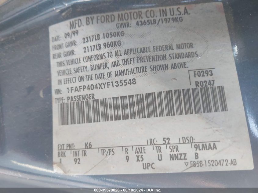 1FAFP404XYF135548 2000 Ford Mustang