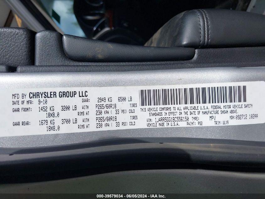 2011 Jeep Grand Cherokee Limited VIN: 1J4RR5GG1BC556150 Lot: 39579034