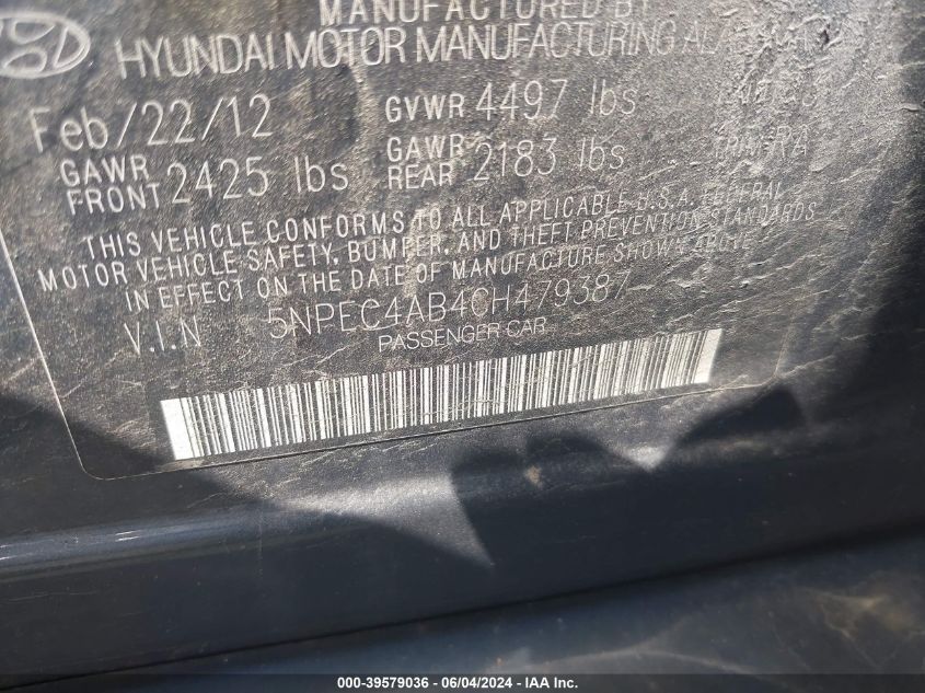 5NPEC4AB4CH479387 | 2012 HYUNDAI SONATA