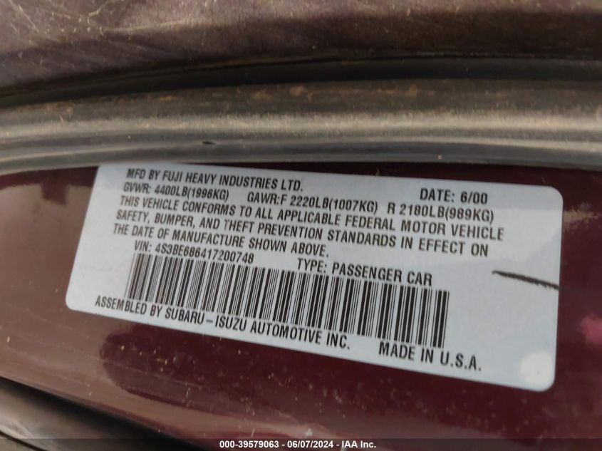 2001 Subaru Outback Limited VIN: 4S3BE686417200748 Lot: 39579063