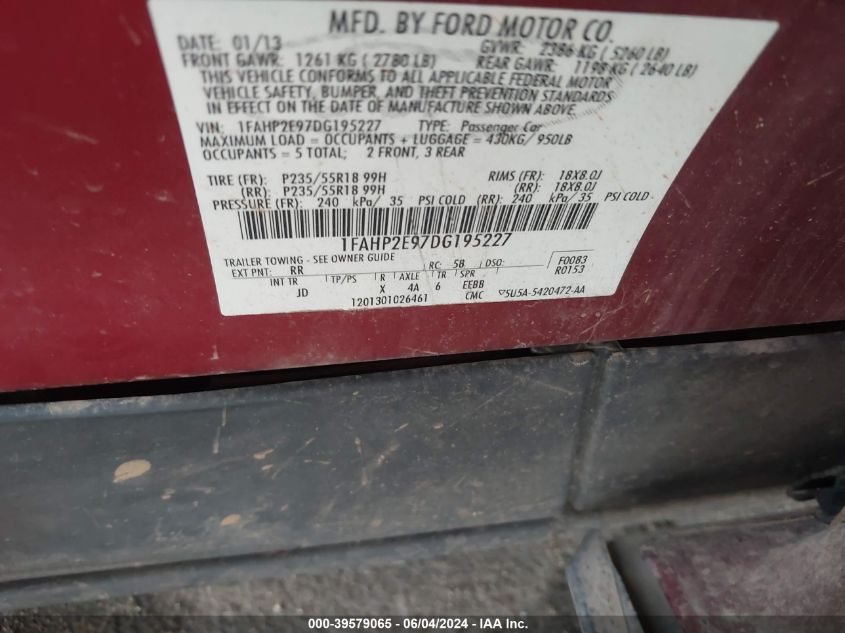 2013 Ford Taurus Sel VIN: 1FAHP2E97DG195227 Lot: 39579065