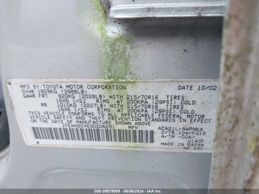 2003 Toyota Rav4 VIN: JTEHH20V630206281 Lot: 39579069