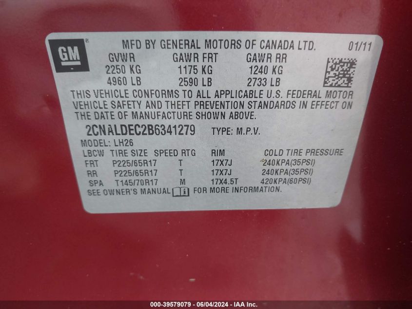 2011 Chevrolet Equinox 1Lt VIN: 2CNALDEC2B6341279 Lot: 39579079