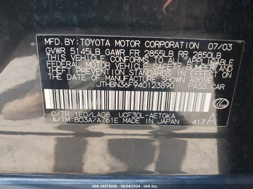 2004 Lexus Ls 430 VIN: JTHBN36F940123890 Lot: 39579088