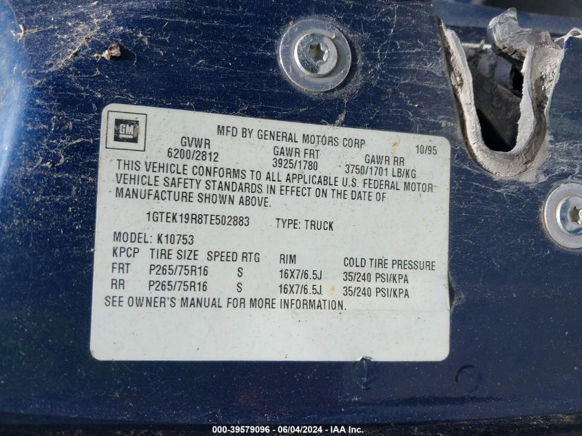 1996 GMC Sierra K1500 VIN: 1GTEK19R8TE502883 Lot: 39579096