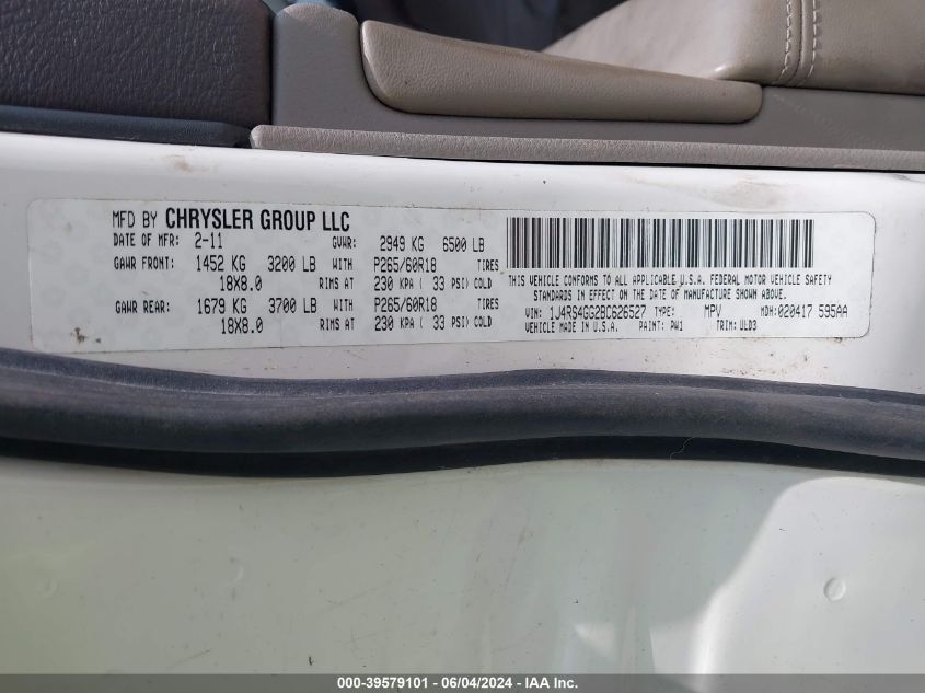 2011 Jeep Grand Cherokee Laredo VIN: 1J4RS4GG2BC626527 Lot: 39579101