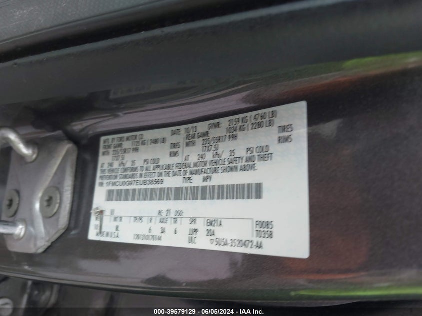 2014 Ford Escape Se VIN: 1FMCU0G97EUB38569 Lot: 39579129