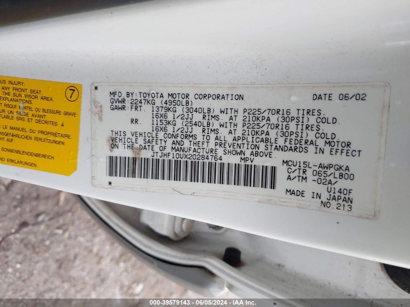 2002 Lexus Rx 300 VIN: JTJHF10UX20284764 Lot: 39579143