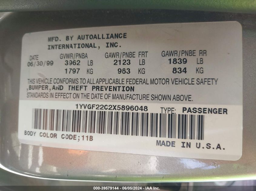 1999 Mazda 626 Es/Lx VIN: 1YVGF22C2X5896048 Lot: 39579144