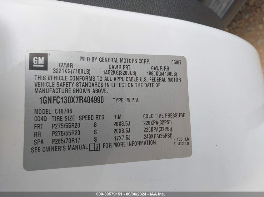 2007 Chevrolet Tahoe Lt VIN: 1GNFC130X7R404990 Lot: 39579151