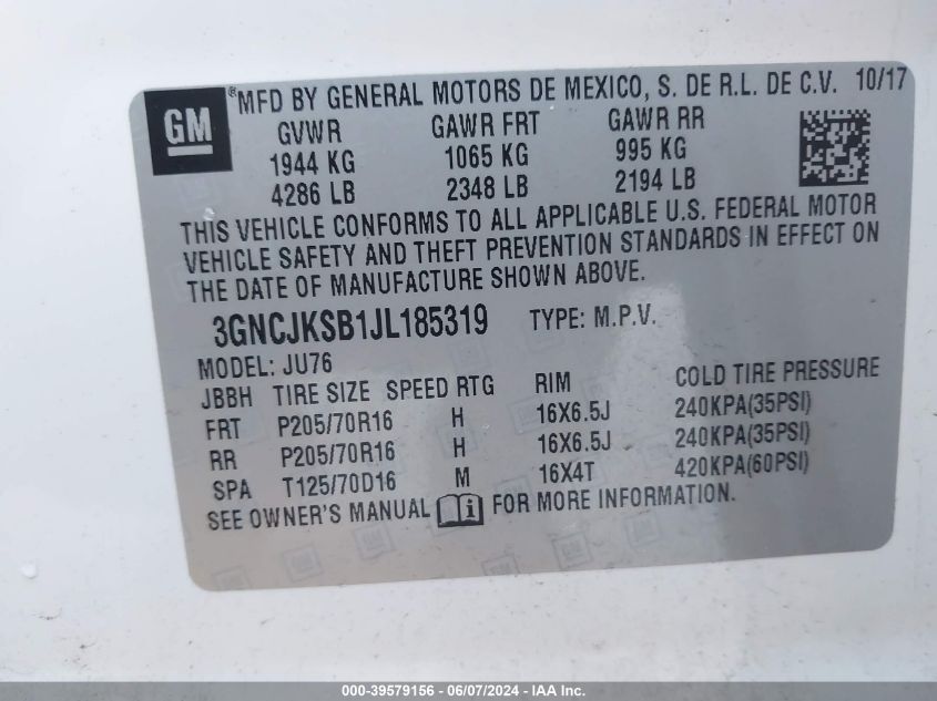 003GNCJKSB1JL1853 2018 Chevrolet Trax Ls