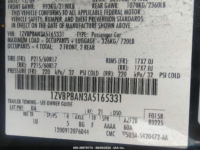 2010 Ford Mustang V6 VIN: 1ZVBP8AN3A5165331 Lot: 39579174