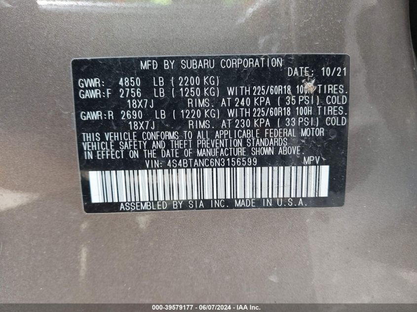 2022 Subaru Outback Limited VIN: 4S4BTANC6N3156599 Lot: 39579177