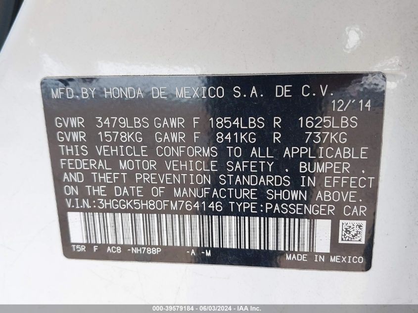 2015 Honda Fit Ex/Ex-L VIN: 3HGGK5H80FM764146 Lot: 39579184