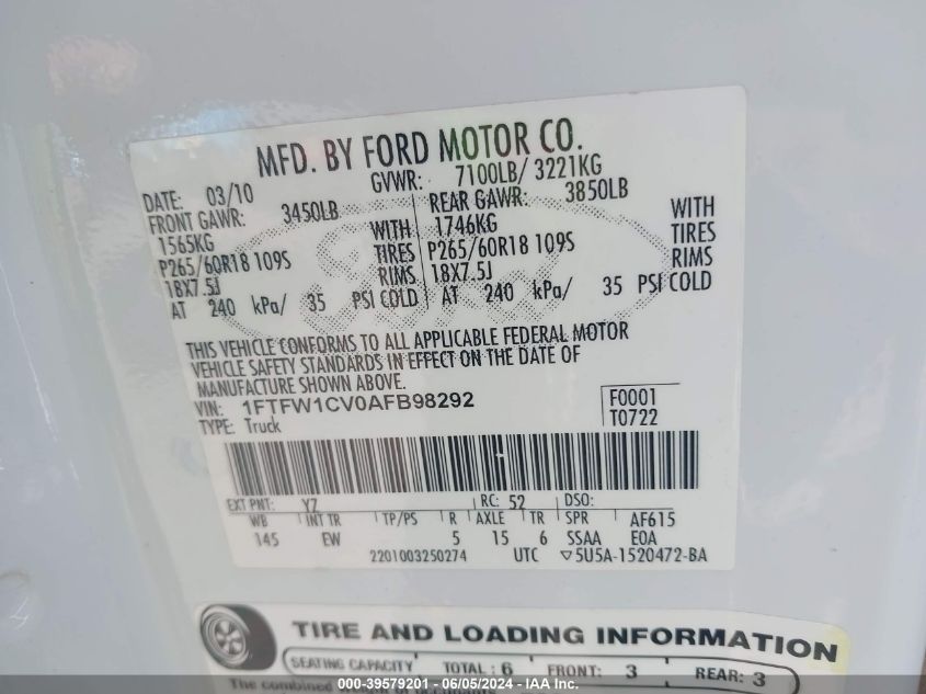 2010 Ford F-150 Fx2 Sport/Harley-Davidson/King Ranch/Lariat/Platinum/Xl/Xlt VIN: 1FTFW1CV0AFB98292 Lot: 39579201