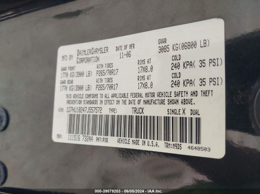 2007 Dodge Ram 1500 Slt VIN: 1D7HU18247J557572 Lot: 39579203