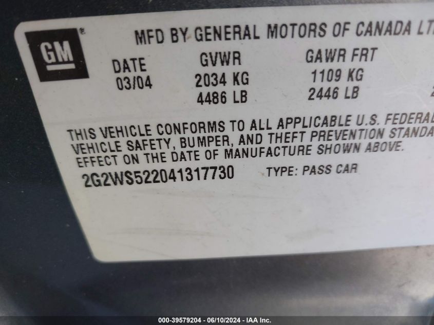 2004 Pontiac Grand Prix Gt2 VIN: 2G2WS522041317730 Lot: 39579204