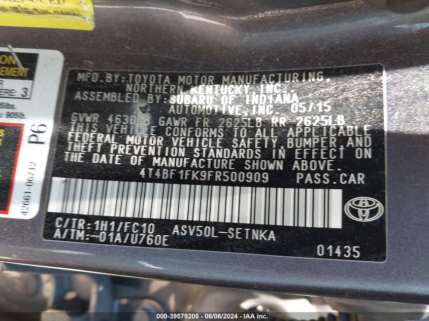 2015 Toyota Camry Le VIN: 4T4BF1FK9FR500909 Lot: 39579205