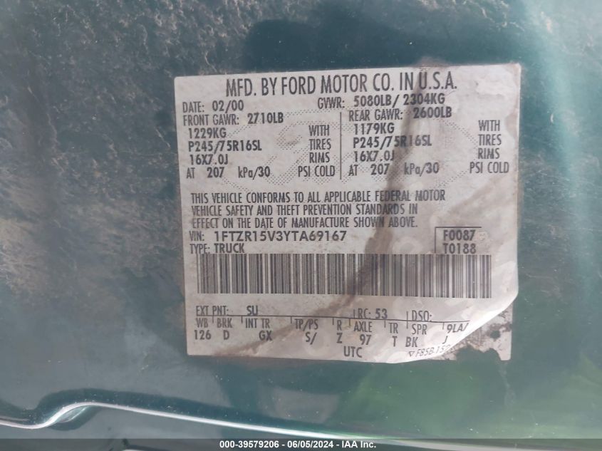 2000 Ford Ranger Xl/Xlt VIN: 1FTZR15V3YTA69167 Lot: 39579206