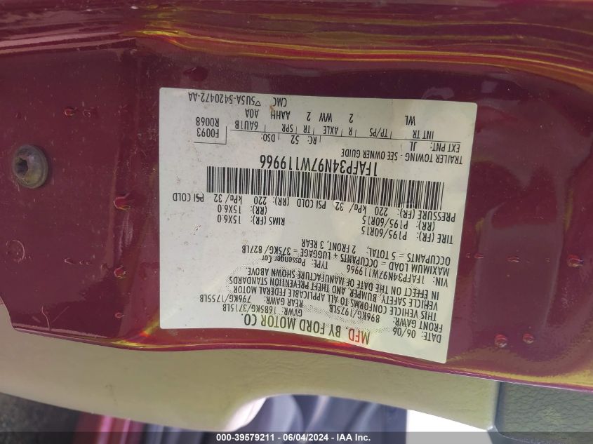 2007 Ford Focus S/Se/Ses VIN: 1FAFP34N97W119966 Lot: 39579211