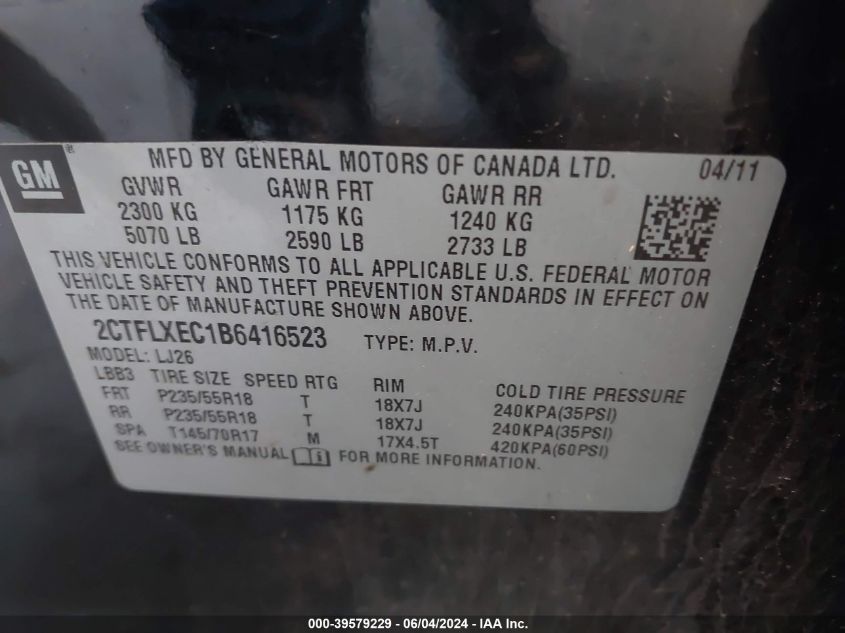 2011 GMC Terrain Slt-2 VIN: 2CTFLXEC1B6416523 Lot: 39579229