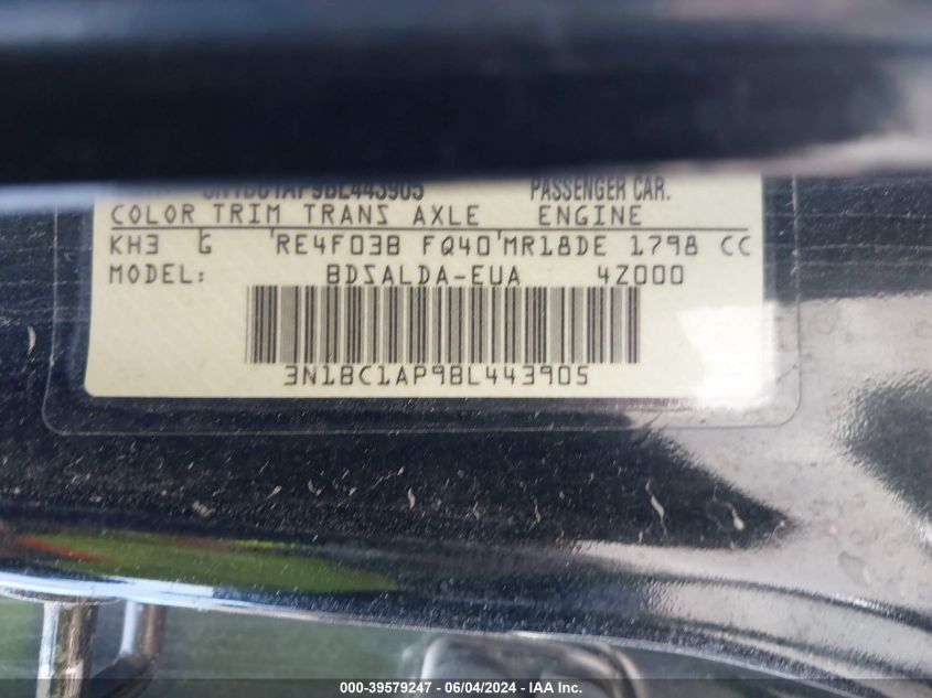 2011 Nissan Versa 1.8S VIN: 3N1BC1AP9BL443905 Lot: 39579247