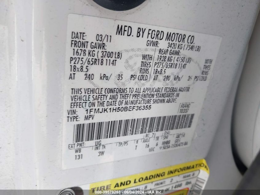 2011 Ford Expedition El Xlt VIN: 1FMJK1H50BEF36355 Lot: 39579253