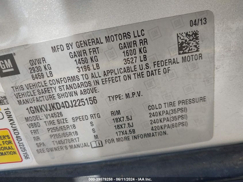 2013 Chevrolet Traverse 2Lt VIN: 1GNKVJKD4DJ225156 Lot: 39579258
