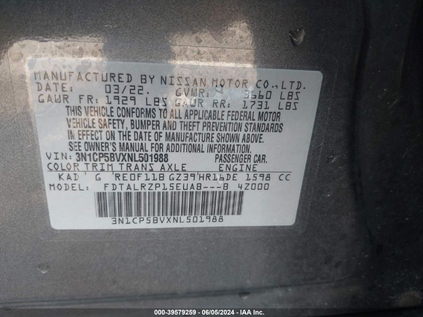 2022 Nissan Kicks S Xtronic Cvt VIN: 3N1CP5BVXNL501988 Lot: 39579259