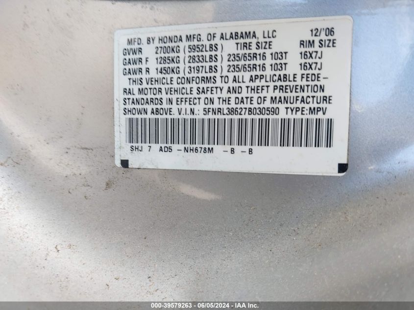 2007 Honda Odyssey Ex-L VIN: 5FNRL38627B030590 Lot: 39579263