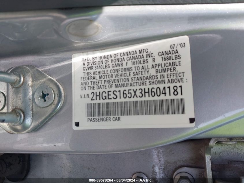 2003 Honda Civic Lx VIN: 2HGES165X3H604181 Lot: 39579264