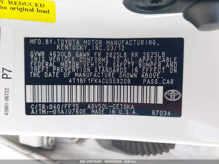 2012 Toyota Camry Se VIN: 4T1BF1FK4CU559209 Lot: 39579268