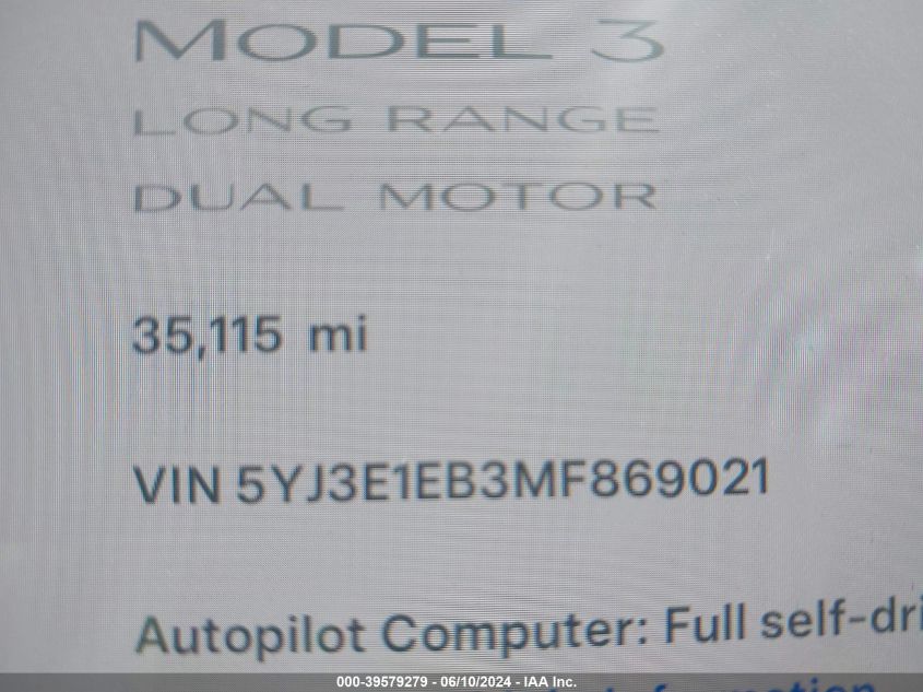 2021 Tesla Model 3 Long Range Dual Motor All-Wheel Drive VIN: 5YJ3E1EB3MF869021 Lot: 39579279