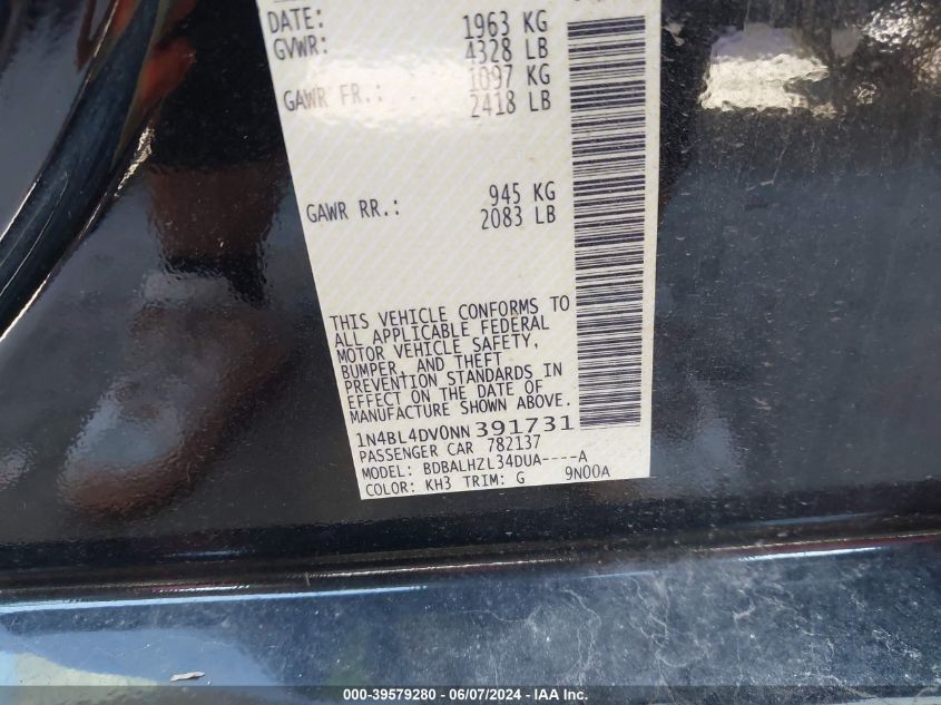 2022 Nissan Altima Sv Fwd VIN: 1N4BL4DV0NN391731 Lot: 39579280