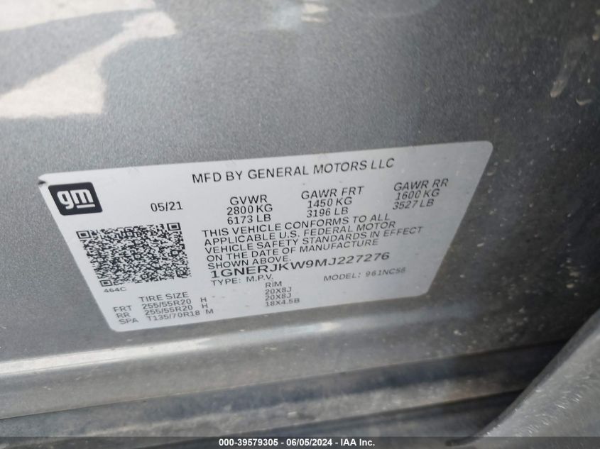 2021 Chevrolet Traverse Fwd Rs VIN: 1GNERJKW9MJ227276 Lot: 39579305