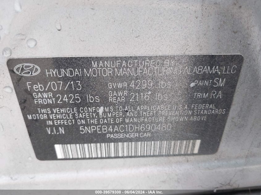 2013 Hyundai Sonata Gls VIN: 5NPEB4AC1DH690480 Lot: 39579308