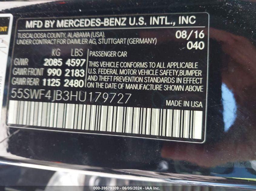 2017 Mercedes-Benz C 300 Luxury/Sport VIN: 55SWF4JB3HU179727 Lot: 39579309