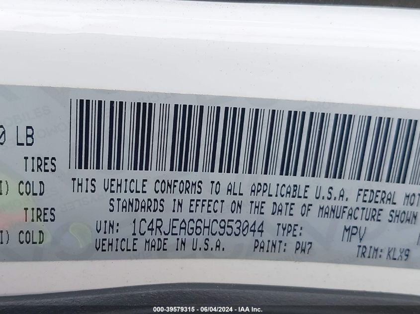 2017 Jeep Grand Cherokee Altitude 4X2 VIN: 1C4RJEAG6HC953044 Lot: 39579315