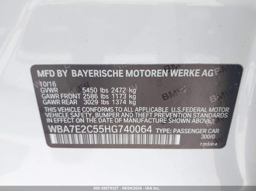 2017 BMW 740I VIN: WBA7E2C55HG740064 Lot: 39579327