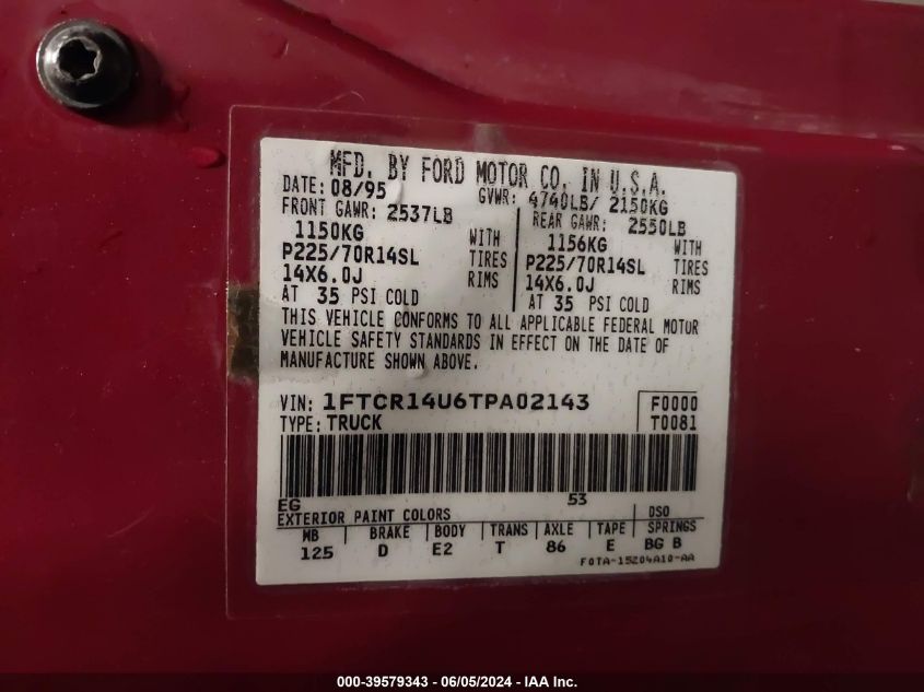 1996 Ford Ranger Super Cab VIN: 1FTCR14U6TPA02143 Lot: 39579343