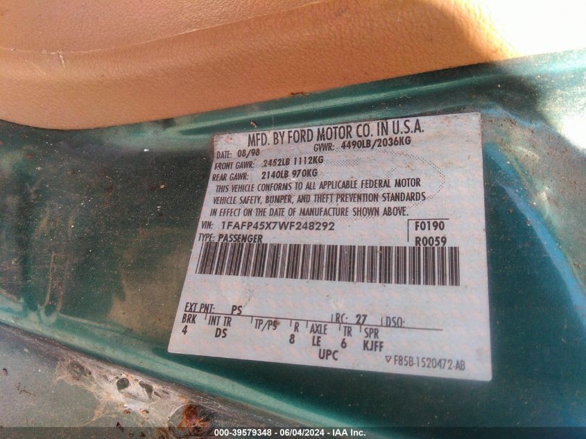1998 Ford Mustang Gt VIN: 1FAFP45X7WF248292 Lot: 39579348