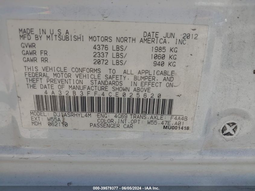 2012 Mitsubishi Galant Es/Se VIN: 4A32B3FF4CE025620 Lot: 39579377