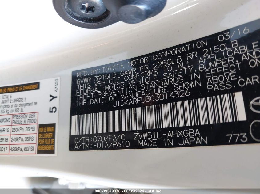 2016 Toyota Prius Three VIN: JTDKARFU3G3014326 Lot: 39579378