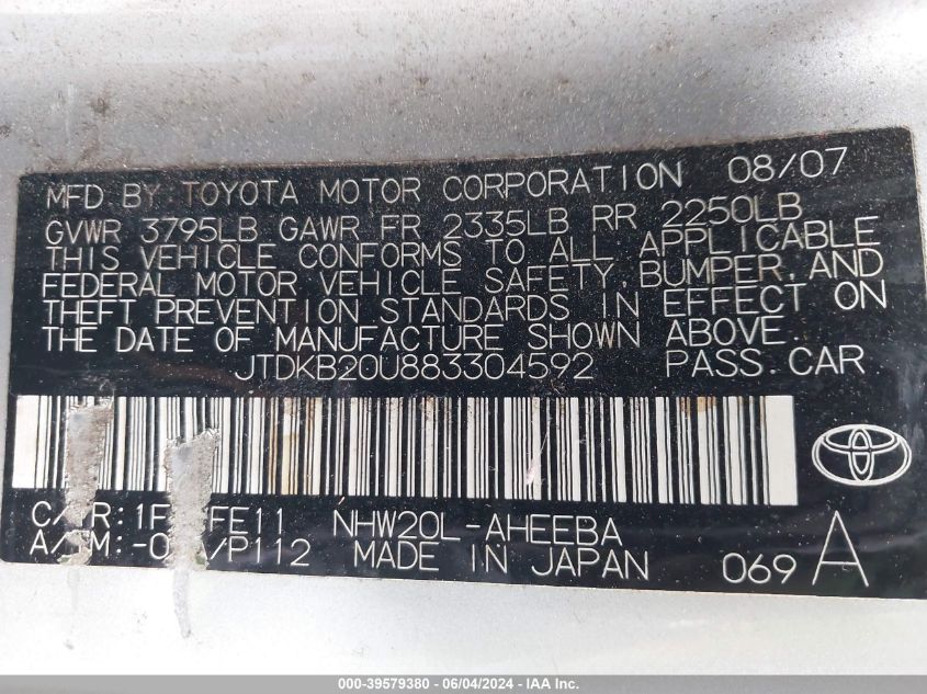 2008 Toyota Prius VIN: JTDKB20U883304592 Lot: 39579380