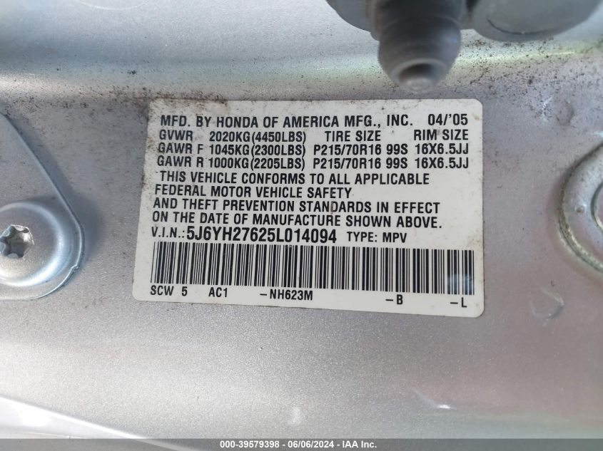 2005 Honda Element Ex VIN: 5J6YH27625L014094 Lot: 39579398