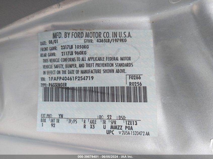 2001 Ford Mustang VIN: 1FAFP40461F254719 Lot: 39579401