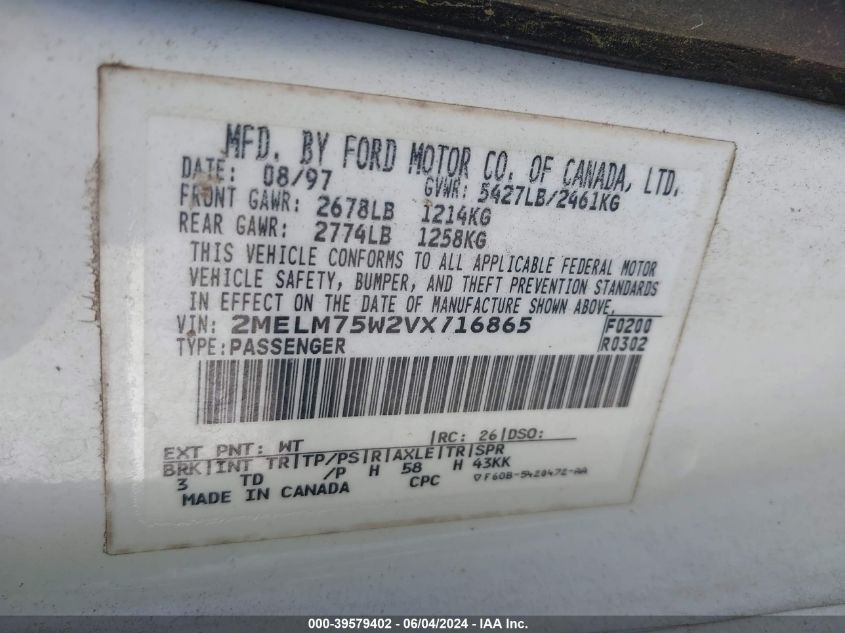 1997 Mercury Grand Marquis Ls VIN: 2MELM75W2VX716865 Lot: 39579402