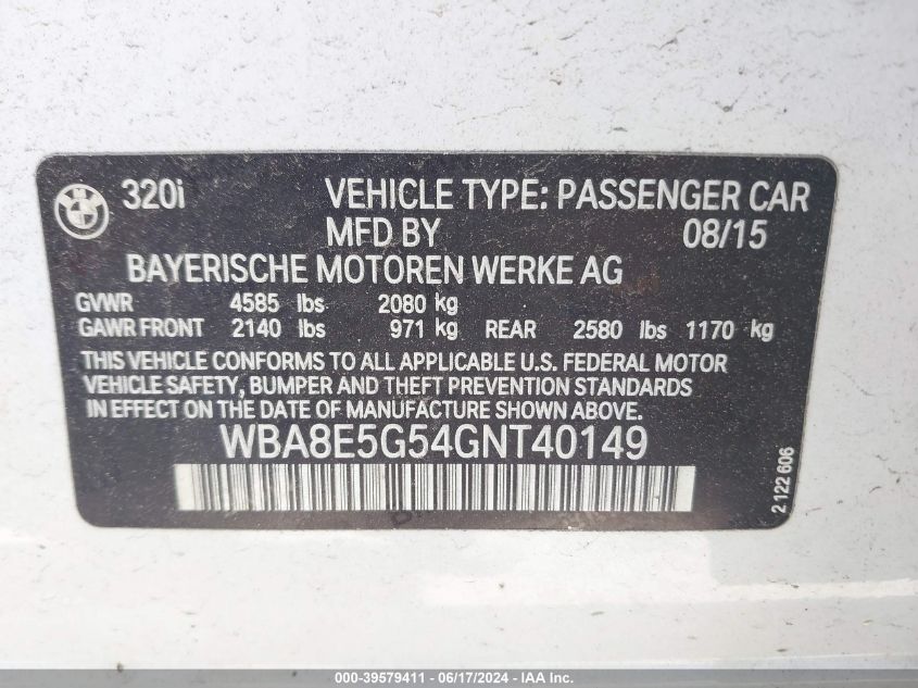 2016 BMW 320I xDrive VIN: WBA8E5G54GNT40149 Lot: 39579411