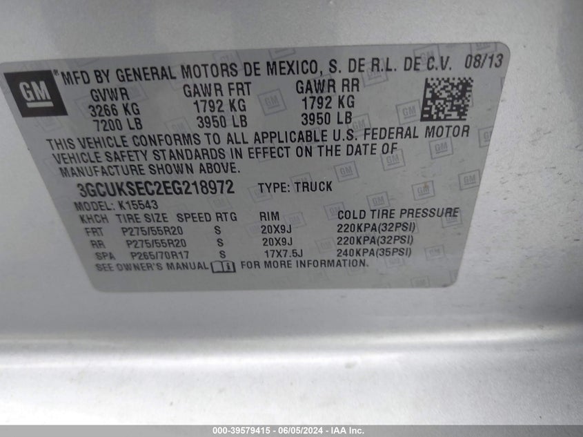 2014 Chevrolet Silverado 1500 1Lz VIN: 3GCUKSEC2EG218972 Lot: 39579415